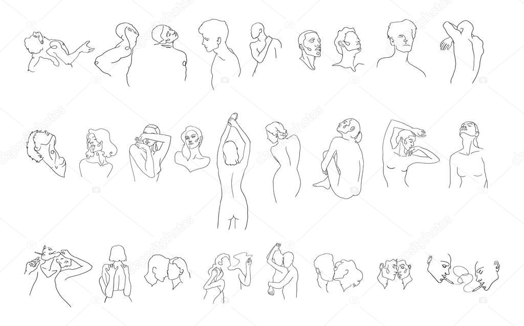 Minimalist linear set of illustrations of women, men, couples. Line art gentle drawings of people for a beauty salon, spa, lingerie store and etc