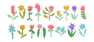 Pastel colorful abstract doodle floral shapes, hand drawn flower illustrations isolated