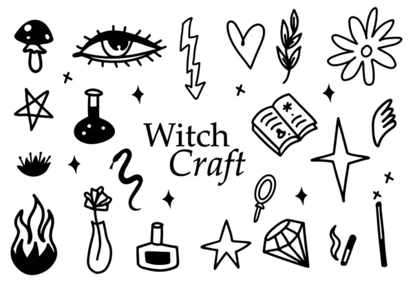 Line Doodle Black Magic Set Logo Wizard Shop — Διανυσματικό Αρχείο