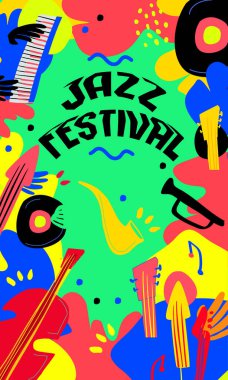 Caz festivali vektör şablonu. .Yaratıcı modern yatay poster, afiş ve klasik müzik aletleri ve metin içeren broşür
