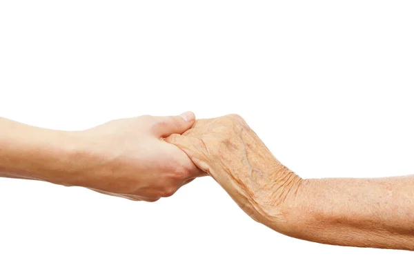 Mano joven sosteniendo y anciano uno — Foto de Stock