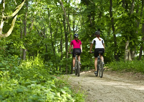 Flickor cykling i skogen — Stockfoto