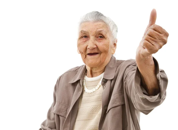 Old lady with thumbs up — Stock Photo, Image