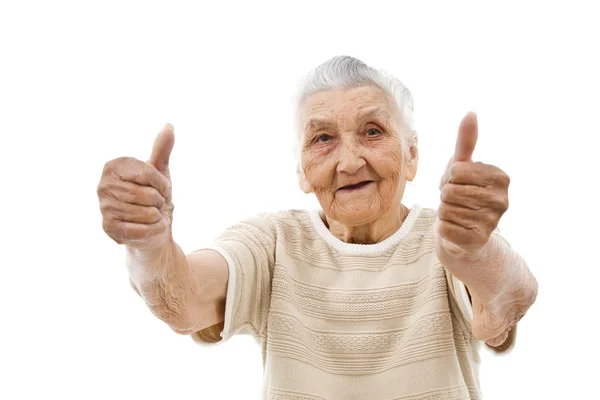 Old lady with thumbs up — Stock Photo, Image