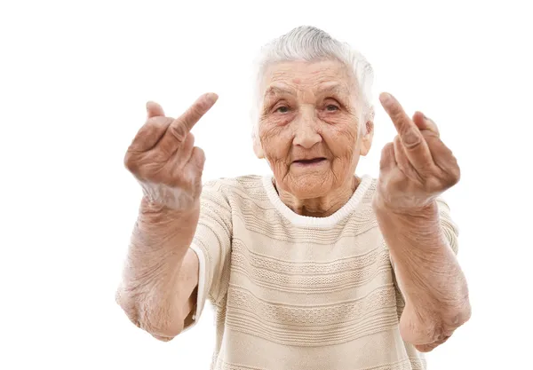 Very old woman showing her middle finger — Stock Photo, Image