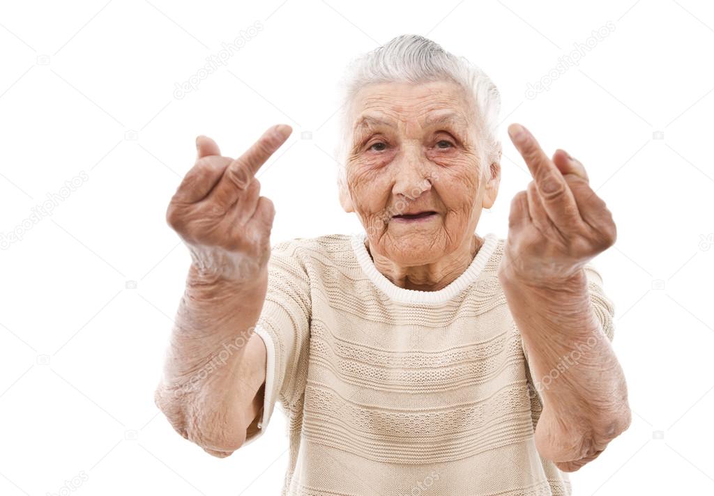 very old woman showing her middle finger