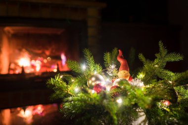 Ateşböceğinin önünde Noel çiçeği süslemesi.