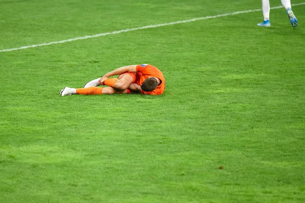 Injured Footballer Lies Pitch — Stock Photo, Image