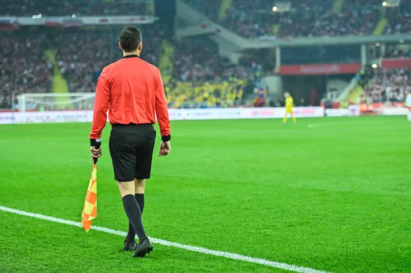 Soccer touchline referee with the flag during match at the football stadium.