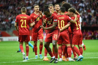 WARSZAWA, POLAND - 14 Haziran 2022: UEFA Uluslar Ligi A grubu 4. Michy Batshuayi ve Belçika neşe takımı gol attıktan sonra.