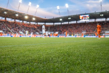 Arka planda futbol maçı olan çimenlerin ayrıntıları