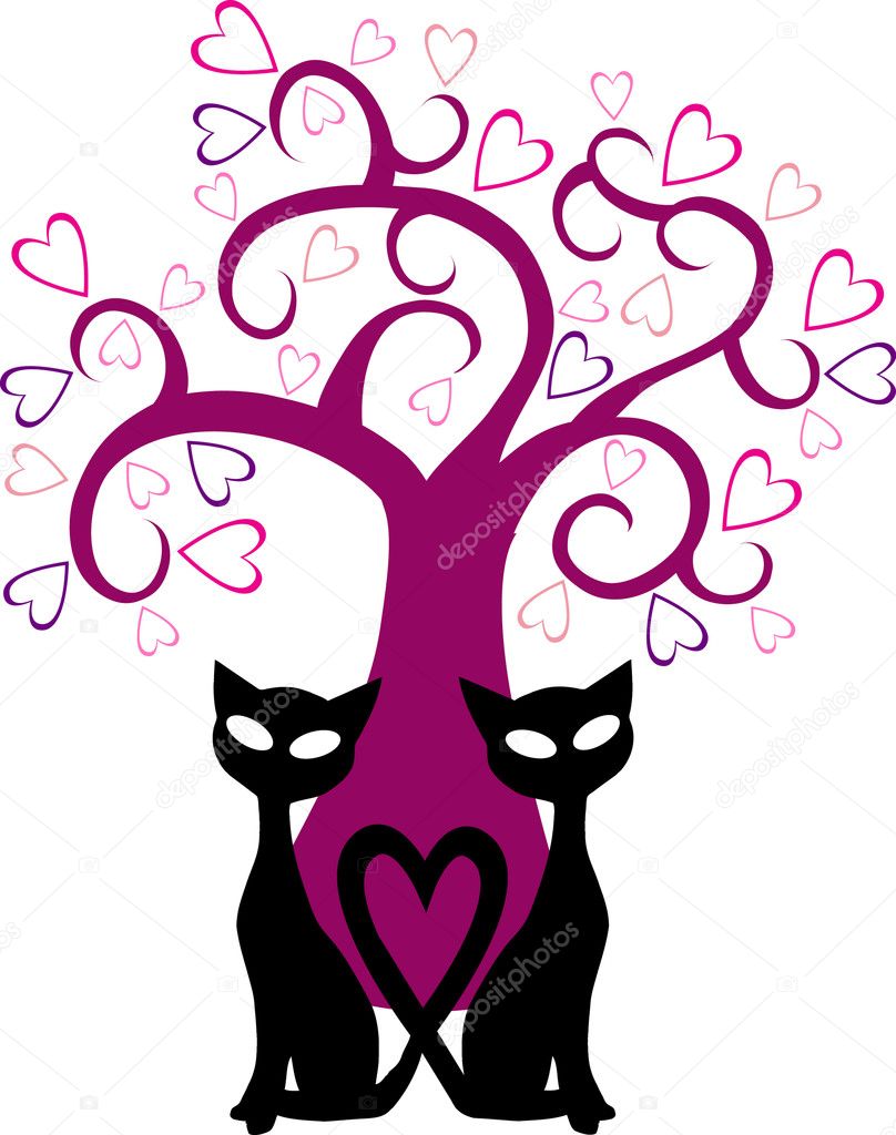 Disegno della carta San Valentino con gatti cuori e albero — Vettoriale Stock