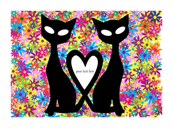 Funny illustration with couple of cats in love isolated on floral background Stock Illustration