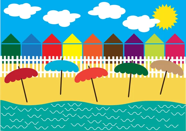 Fondo retro vector de verano con casas de campo en la playa — Archivo Imágenes Vectoriales