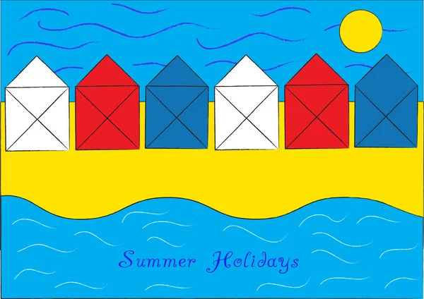 Retro Sommer Vektor Hintergrund mit Ferienhäusern am Strand — Stockvektor