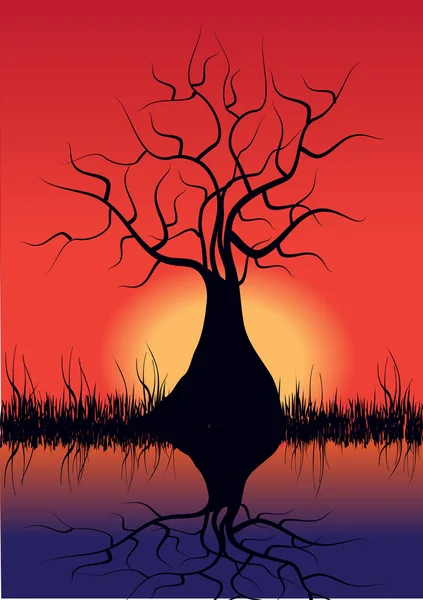 Romantic vector illustration with tree in silhouette and sunset — Stock Vector