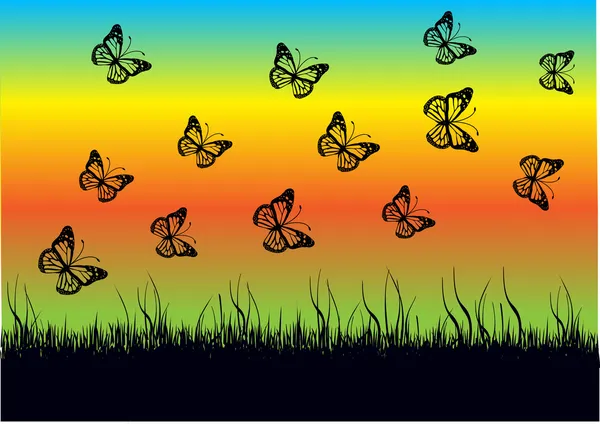 Fondo vectorial romántico con mariposas y prado — Vector de stock