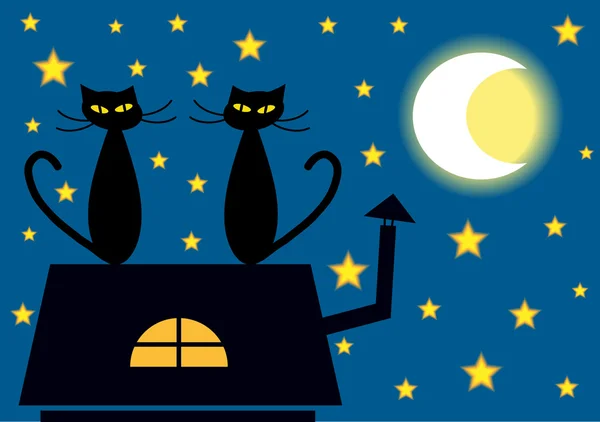 Cartoon katten op de bovenkant van het dak per nacht — Stockvector