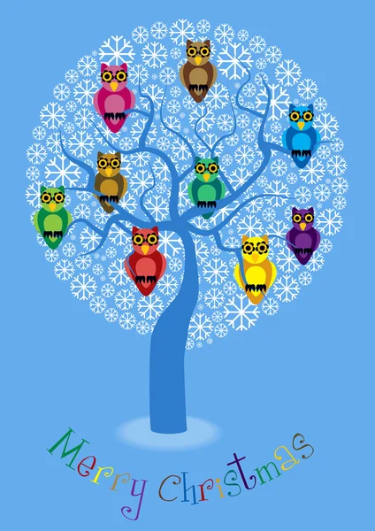 Vector illustration of winter tree and color owls — Stock Vector