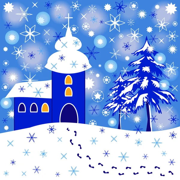 Fondo de Navidad con iglesia y nieve cayendo — Vector de stock