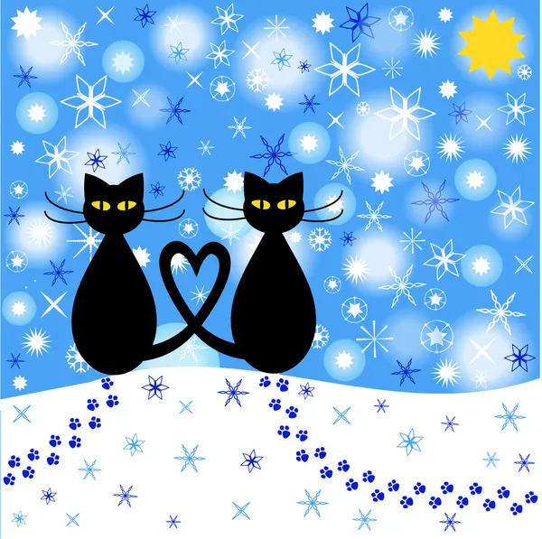 Winter achtergrond met katten silhouetten en dalende sneeuw — Stockvector