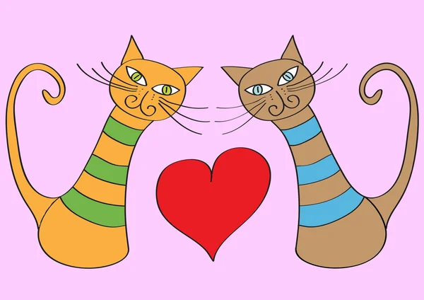 Iki kedi ve kalp komik vektör Sevgililer tasarımı — Stok Vektör