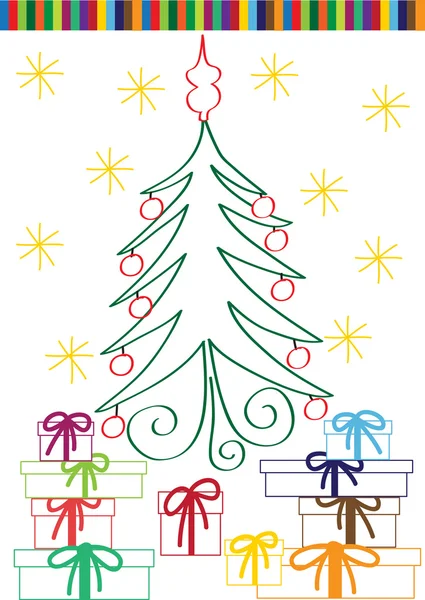 Conception de carte de Noël vectorielle avec arbre décoré et cadeaux — Image vectorielle