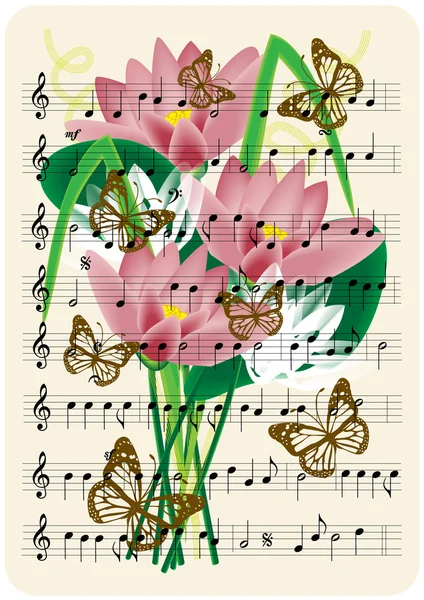 Notas de música vintage con adornos florales — Vector de stock