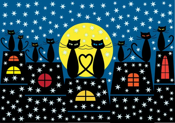 çatıda oturan ve kar düşen cats ile kış sahne