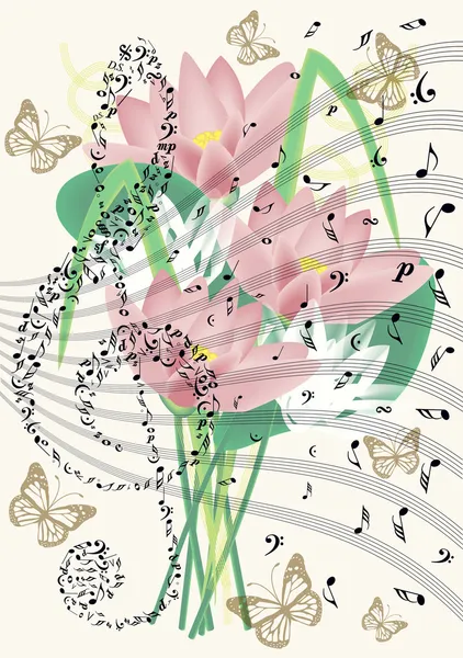 Notenblatt mit fliegenden Schmetterlingen und Lilienblüten — Stockfoto