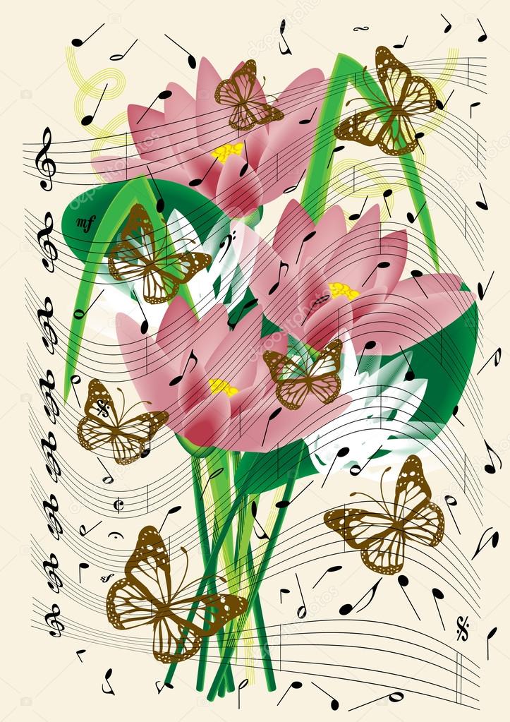 Vintage music notes sheet with flying butterflies and lilly flowers