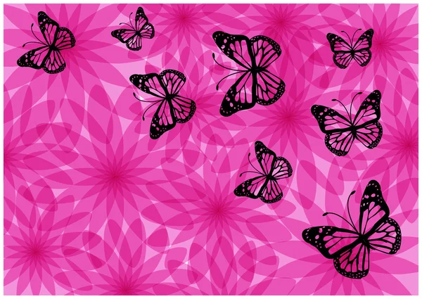 Silhouettes de papillons vintage romantiques et fleurs roses — Image vectorielle