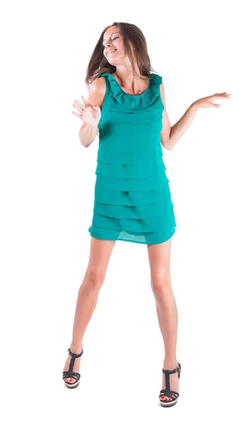 Beautiful woman dancing sexy green dress — Stock Photo, Image