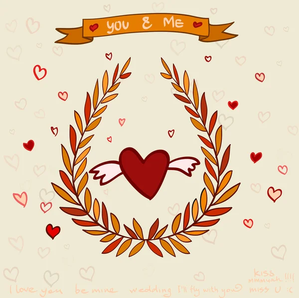 Ilustración romántica con corazones y hojas — Vector de stock