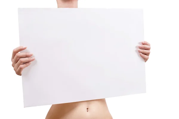 Mulher nua segurando placa em branco — Fotografia de Stock