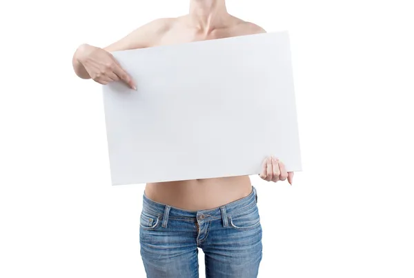 Naked woman holding blank board — Stock Photo, Image
