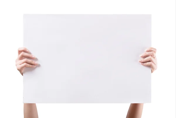 Mãos de mulher segurando placa em branco — Fotografia de Stock