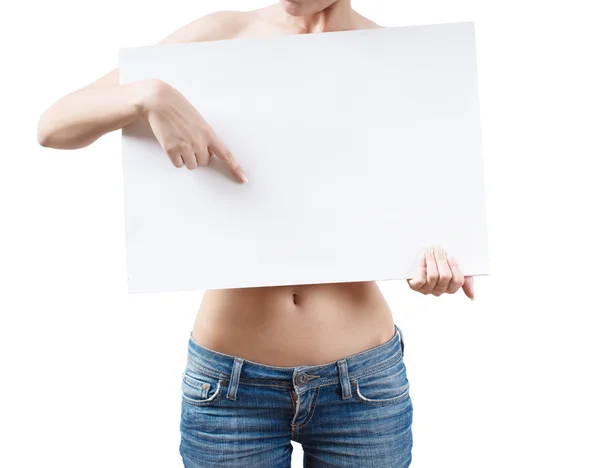 Naked woman holding blank board — Stock Photo, Image