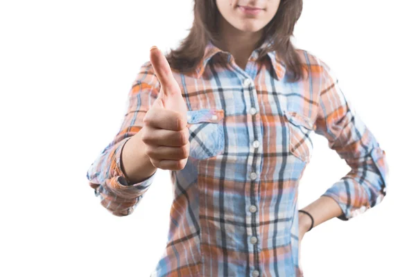 Mujer joven mostrando signo de pulgar hacia arriba — Foto de Stock