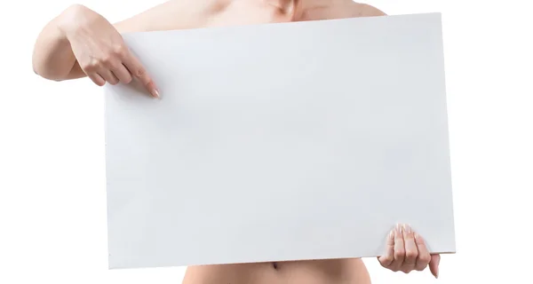 Femme nue tenant tableau blanc — Photo