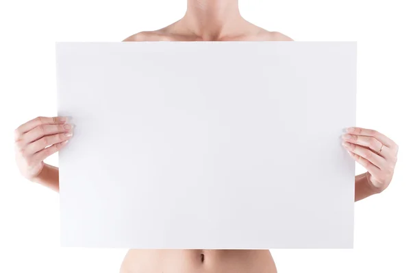 Naked woman holding empty white blank board — Stock Photo, Image