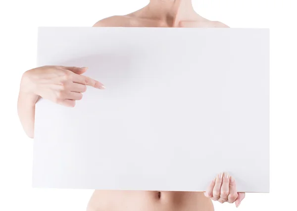 Woman holding empty white blank board — Stock Photo, Image