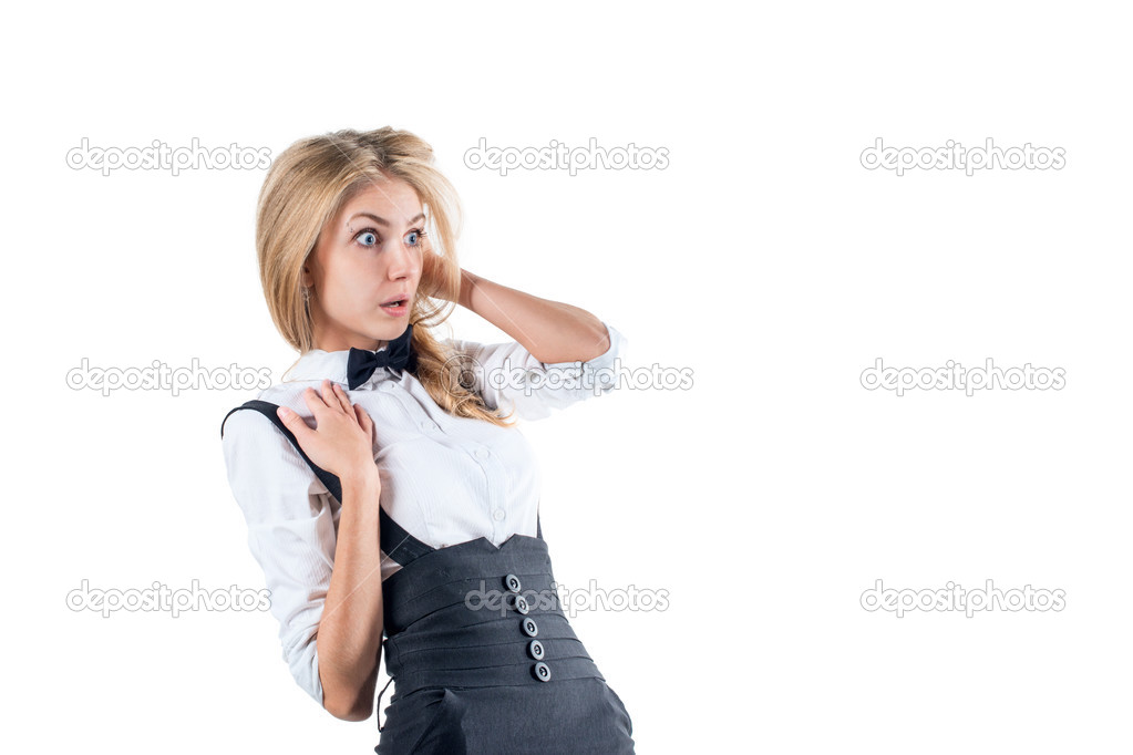 Shocked afraid surprised young businesswoman