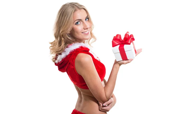 Happy smiling woman in santa claus clothes with present box. — Stock Photo, Image