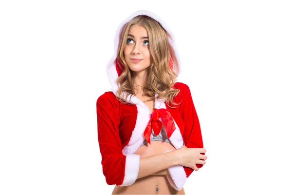 Glücklich lächelnde Frau in Weihnachtsmann-Klamotten — Stockfoto