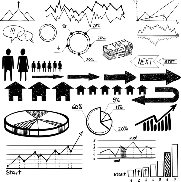 Reihe von handgezeichneten Geschäftsfinanzierungselementen Vektorillustration auf weißem Hintergrund — Stockvektor