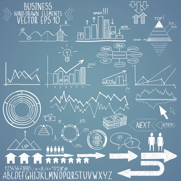 Set van hand getrokken zakelijke financiën elementen vectorillustratie. concept - bank, stats, economie, geld — Stockvector