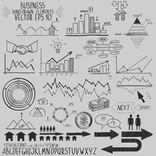 Conjunto de ilustración vectorial de elementos financieros de negocios dibujados a mano. Concepto - banco, estadísticas, economía, dinero — Vector de stock