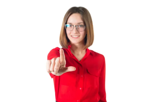 Vrouw imaginaire scherm met haar vinger - geïsoleerd over wit aan te raken — Stockfoto