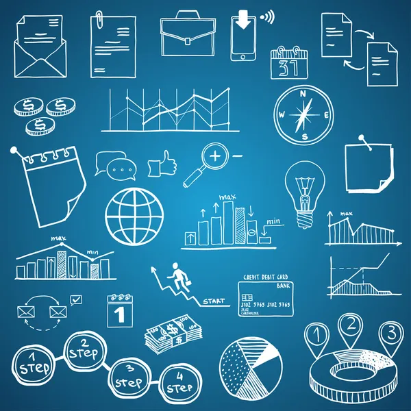Business en economie, financiën, web en internet hand getrokken doodle elementen en pictogrammen — Stockvector